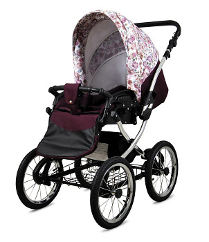 Kočárek Baby Lux Classic Silver Alu Maroon Flowers