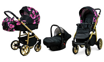 Kočárek Baby Lux Colorlux Alu Gold Bouquets Peony On Black s autosedačkou za příplatek