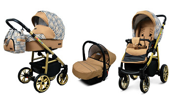 Kočárek Baby Lux Colorlux Alu Gold Gold Houndstooth s autosedačkou za příplatek
