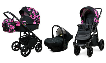 Kočárek Baby Lux Colorlux Alu Black Bouquets Peony On Black s autosedačkou za příplatek