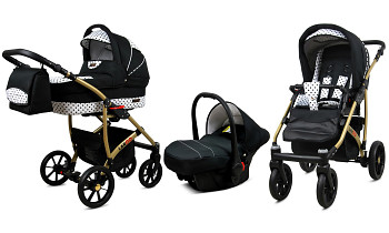 Kočárek Baby Lux Largo Gold Black Dots s autosedačkou za příplatek