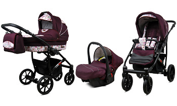 Kočárek Baby Lux Largo Black Maroon Flowers s autosedačkou za příplatek