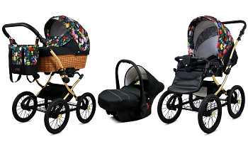Kočárek Baby Lux Classic Gold Alu Garden Flowers s autosedačkou za příplatek