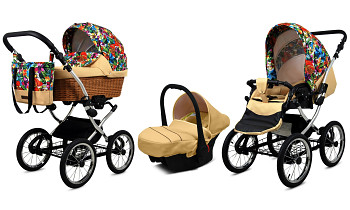Kočárek Baby Lux Classic Silver Alu Jungle Flowers s autosedačkou za příplatek