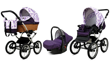 Kočárek Baby Lux Classic Silver Alu Lilac Flowers s autosedačkou za příplatek