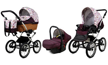 Kočárek Baby Lux Classic Silver Alu Maroon Flowers s autosedačkou za příplatek
