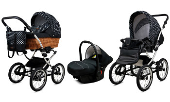 Kočárek Baby Lux Classic Silver Alu White Dots s autosedačkou za příplatek
