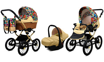 Kočárek Baby Lux Classic Gold Alu Jungle Flowers s autosedačkou za příplatek