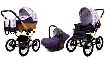 Kočárek Baby Lux Classic Gold Alu Lilac Flowers s autosedačkou za příplatek