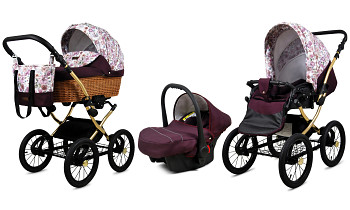 Kočárek Baby Lux Classic Gold Alu Maroon Flowers s autosedačkou za příplatek