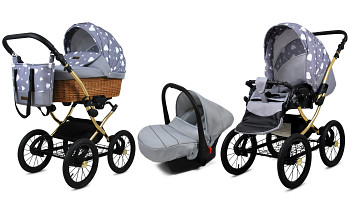 Kočárek Baby Lux Classic Gold Alu Silver Hearts s autosedačkou za příplatek