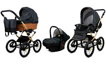 Kočárek Baby Lux Classic Gold Alu White Dots s autosedačkou za příplatek