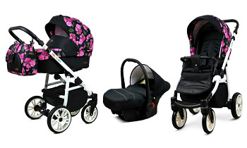 Kočárek Baby Lux Colorlux Alu White Bouquest Peony On Black s autosedačkou za příplatek