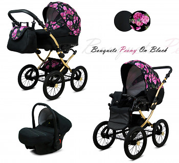 Kočárek Baby Lux Margaret Alu Gold Bouquets Peony - autosedačka za příplatek