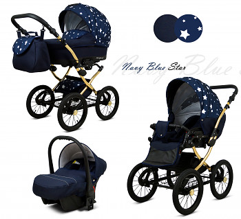Kočárek Baby Lux Margaret Alu Gold Navy Blue Star - autosedačka za příplatek
