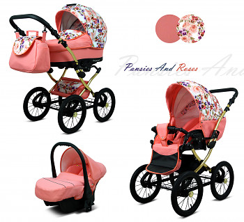 Kočárek Baby Lux Margaret Alu Gold Pansies and Roses - autosedačka za příplatek